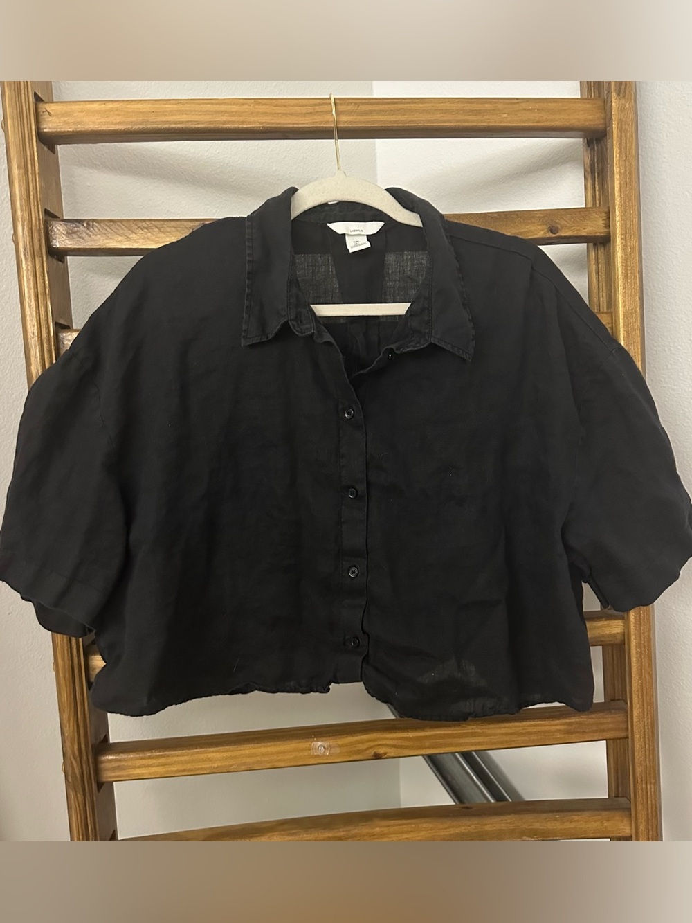 H&M Black Linen Cropped Button-Up Shirt
